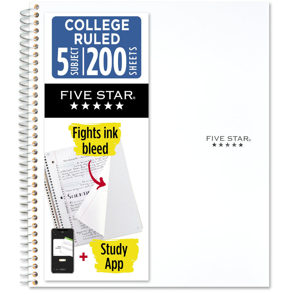 Five Star Spiral Notebook + Study App, 6 Pack, 5 Subject, College Ruled Paper, Fights Ink Bleed, Water Resistant Cover, 8-1/2" x 11", 200 Sheets, Assorted Colors (73793)