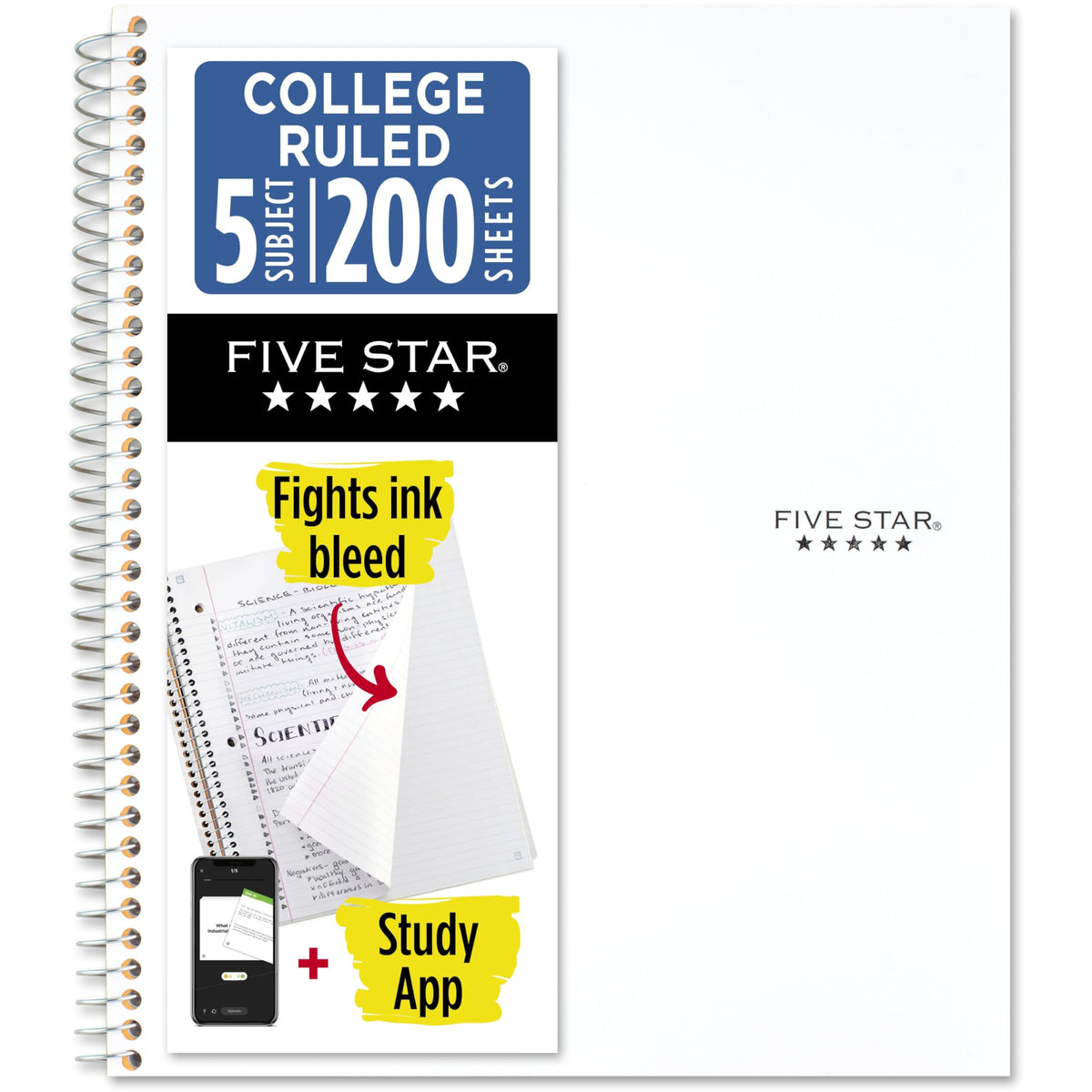 Five Star Spiral Notebook + Study App, 6 Pack, 5 Subject, College Ruled Paper, Fights Ink Bleed, Water Resistant Cover, 8-1/2" x 11", 200 Sheets, Assorted Colors (73793)