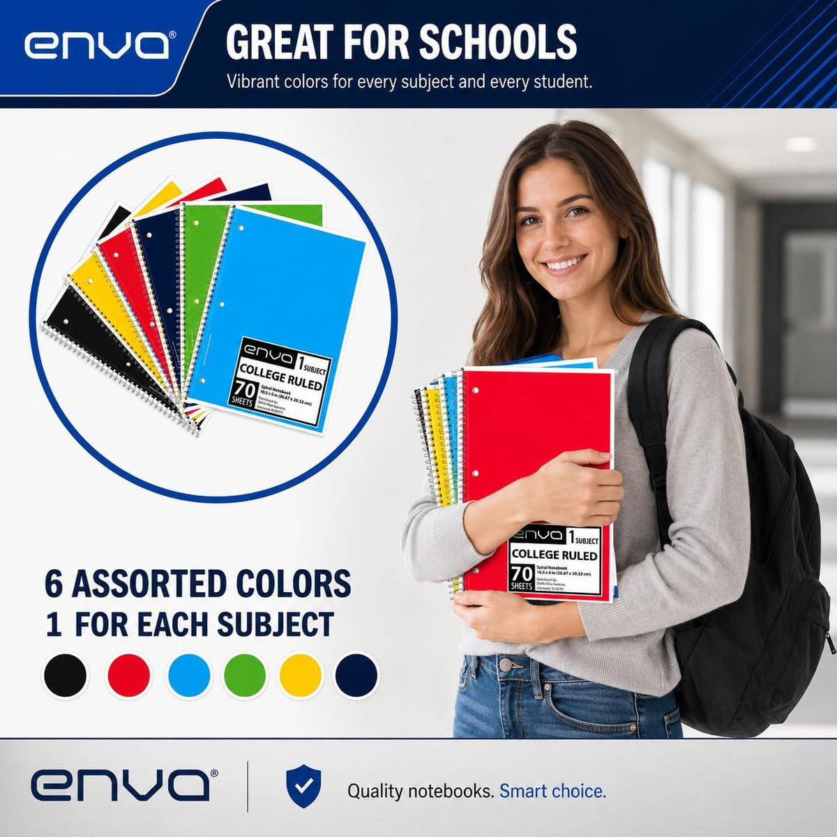 ENVO Spiral Notebook, 1 Subject, Spiral Notebook College Ruled, 8 x 10.5, Notebooks Bulk, School Supplies, Office Supplies, 70 Sheets, (48, College Ruled)