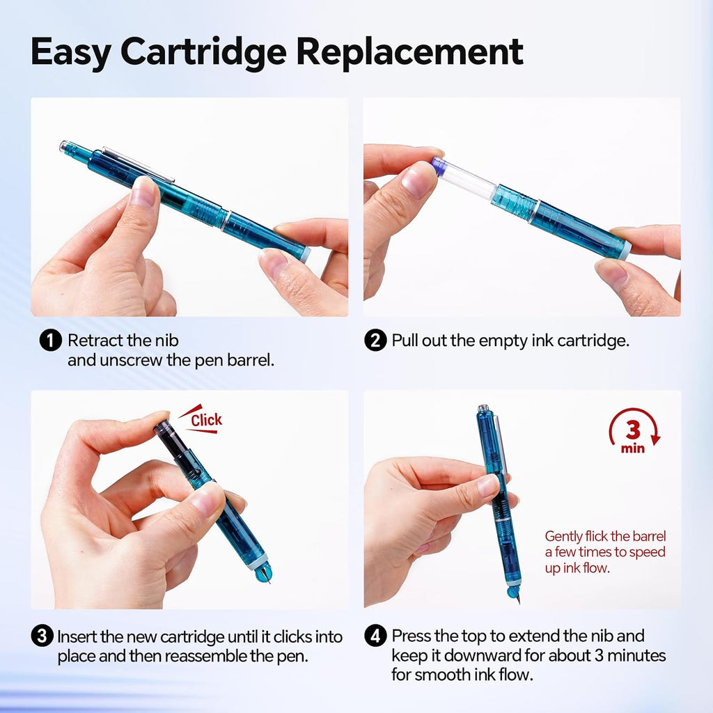 WRITECH Clictek Fountain Pen Set: Retractable Style Blue Ink Medium Nib Transparent Barrel, Includes 5 Ink Cartridges for Gift Set, Smooth Writing No Leaking