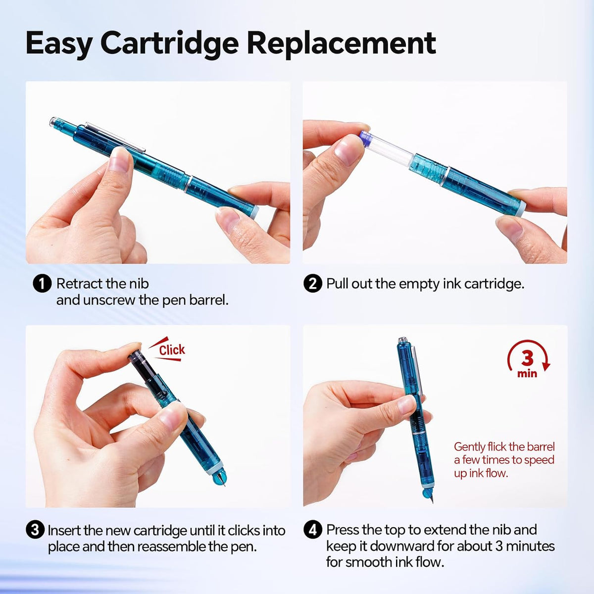 WRITECH Clictek Fountain Pen Set: Retractable Style Blue Ink Medium Nib Transparent Barrel, Includes 5 Ink Cartridges for Gift Set, Smooth Writing No Leaking