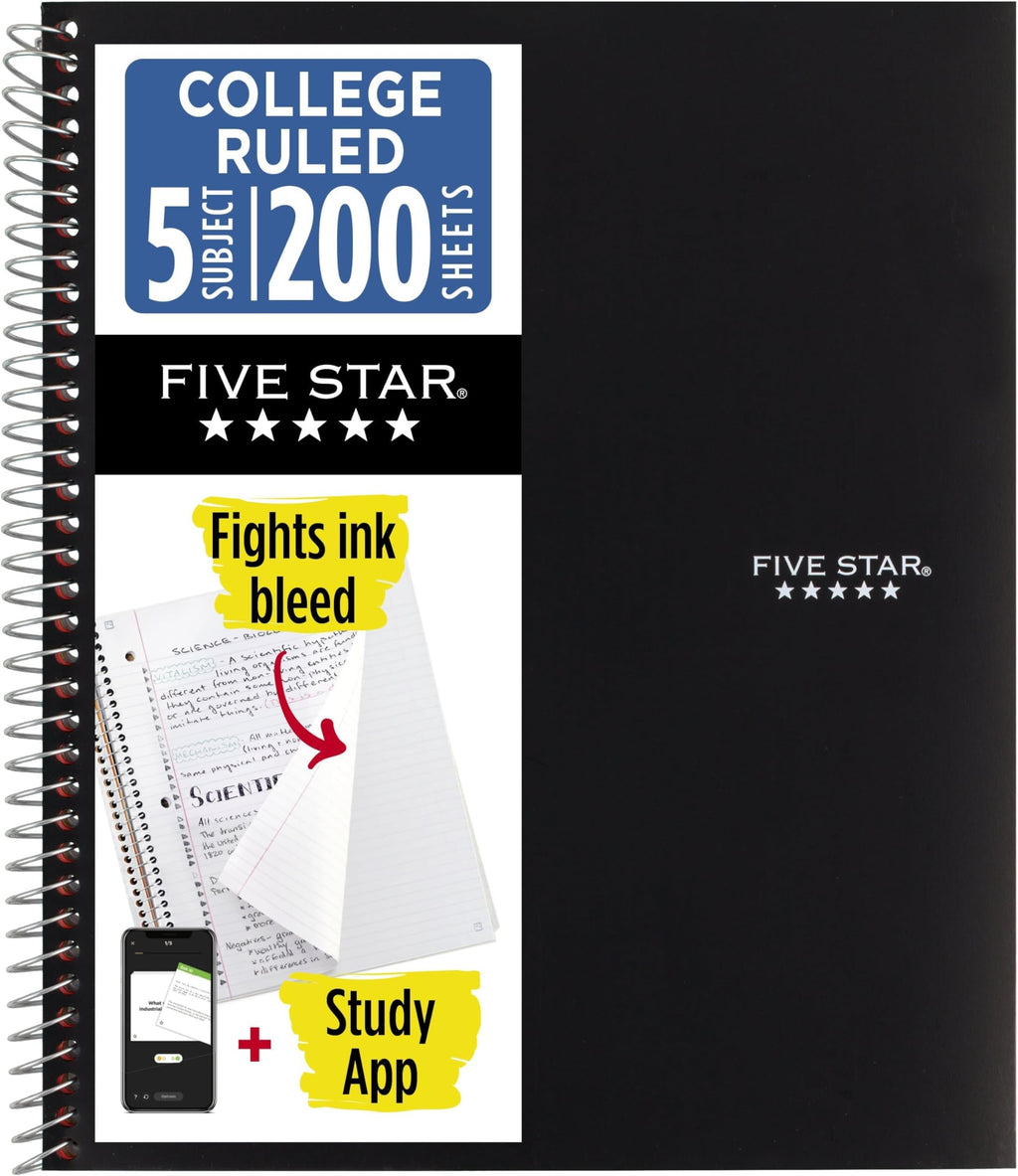 Five Star Spiral Notebook + Study App, 6 Pack, 5 Subject, College Ruled Paper, Fights Ink Bleed, Water Resistant Cover, 8-1/2" x 11", 200 Sheets, Assorted Colors (73793)