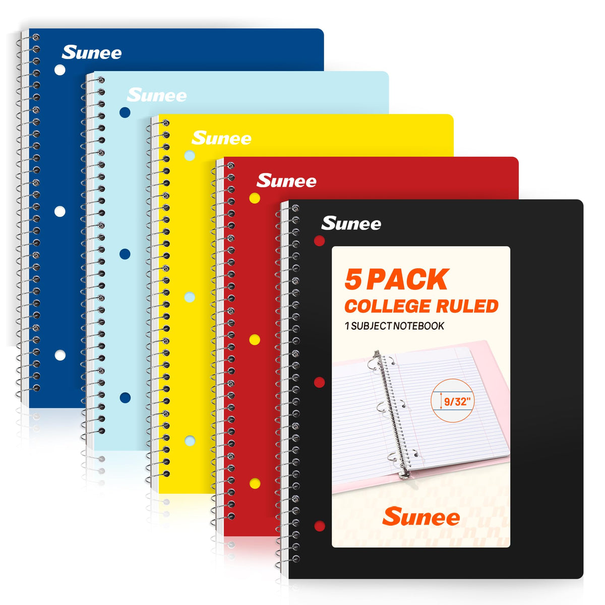 SUNEE Spiral Notebooks, 1-Subject, 10 Pack, College Ruled Paper, 8" x 10-1/2", 70 Sheets per Notebook,3-Hole Punched Paper, Pink,Purple, Blue, Green, Yellow Spiral Lined Notebooks for School,Work
