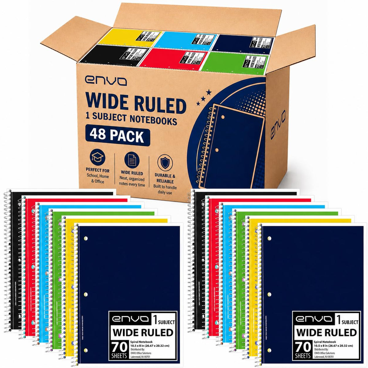ENVO Spiral Notebook, 1 Subject, Spiral Notebook College Ruled, 8 x 10.5, Notebooks Bulk, School Supplies, Office Supplies, 70 Sheets, (48, College Ruled)