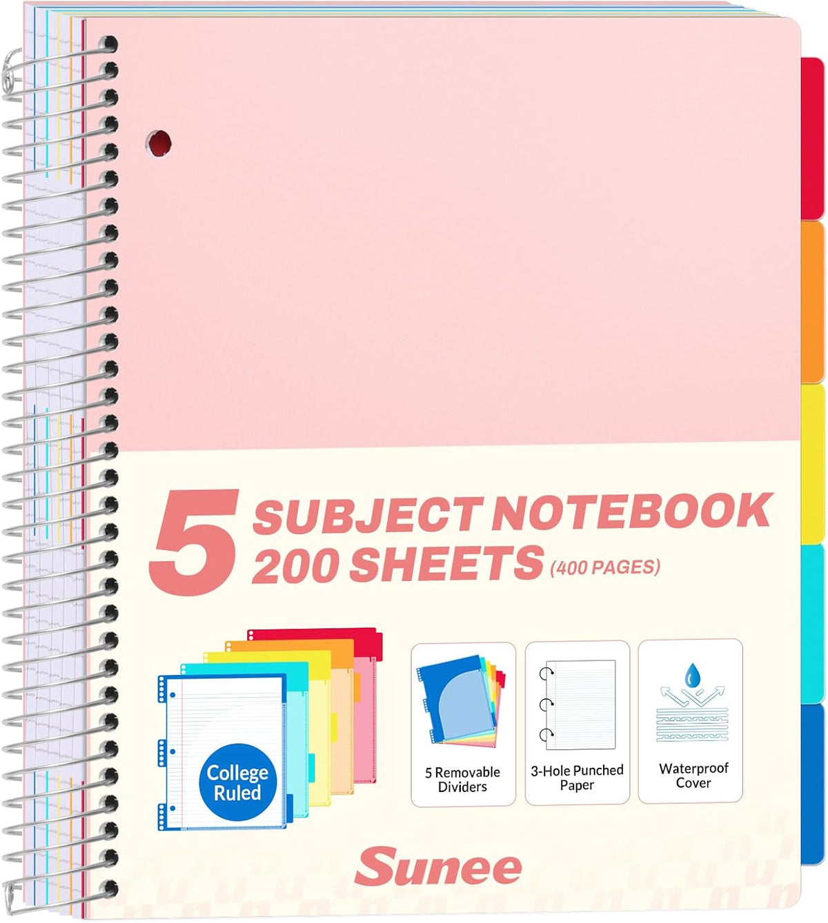 SUNEE 5 Subject Notebook College Ruled - 400 Pages, 9"x11", 5 Pocket Colored Dividers, 3-Hole Punched Paper, Pink