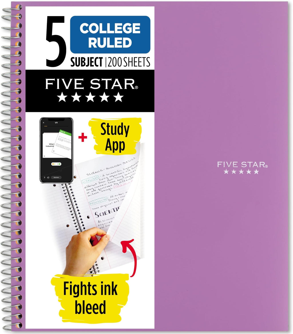 Five Star Spiral Notebook + Study App, 6 Pack, 5 Subject, College Ruled Paper, Fights Ink Bleed, Water Resistant Cover, 8-1/2" x 11", 200 Sheets, Assorted Colors (73793)