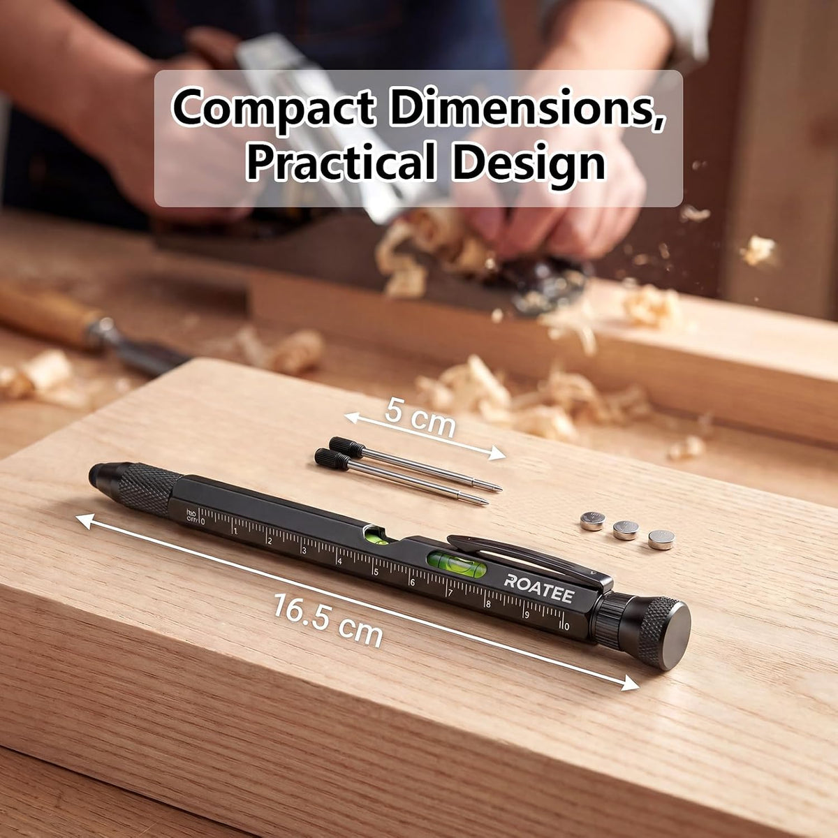 ROATEE Fathers Day Men Multi Tool Pen 12 in 1 Cool Stuff Gadgets Gift for Husband Dad Birthday Personalized Gifts Fidget Construction Pen with Small Screwdriver, Level, Ruler,Led Light, Black
