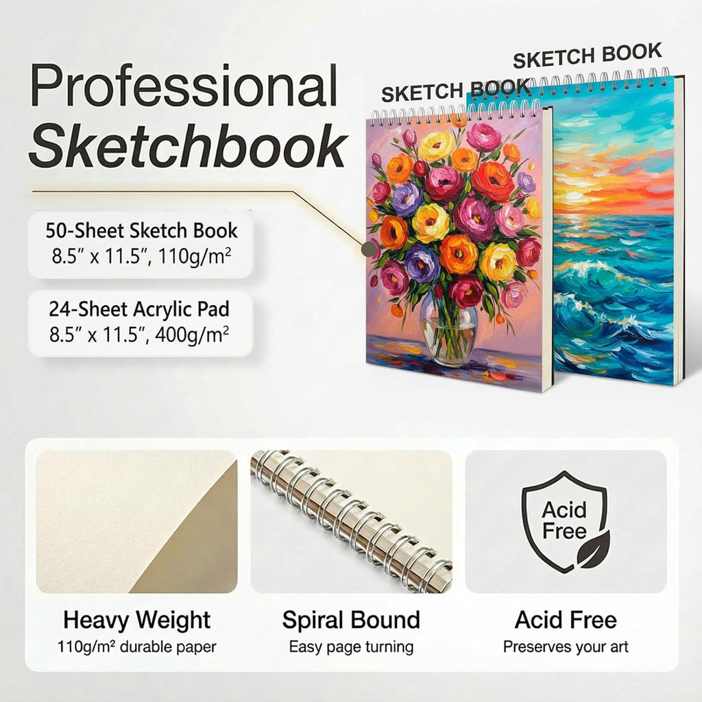 TMOL Art Supplies, 175-Pack Deluxe Art Set Drawing Painting Kit with 2 Drawing Pads, Acrylic Paints, Colored Pencils, Crayons, Art Kit in Wooden Case, Gift for Artist, Adults, Teens and Kids