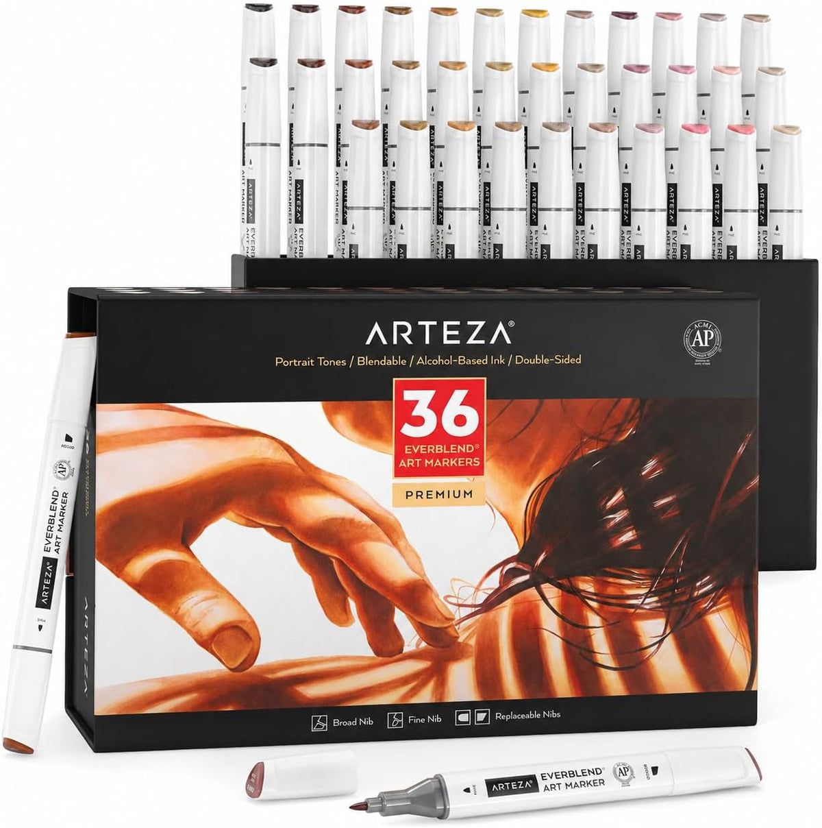 ARTEZA Alcohol Markers – Set of 36 Portrait & Skin Tone EverBlend Dual Tip Markers with Fine and Chisel Nibs and Organizer Box for Drawing