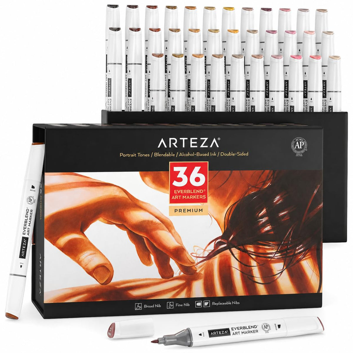 ARTEZA Alcohol Markers – Set of 36 Portrait & Skin Tone EverBlend Dual Tip Markers with Fine and Chisel Nibs and Organizer Box for Drawing