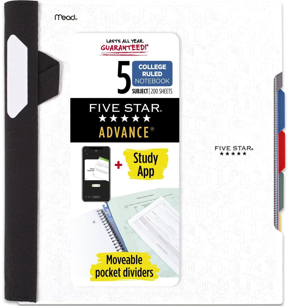 Five Star Advance Spiral Notebook + Study App, 5 Subject, College Ruled Paper, 8-1/2" x 11", 200 Sheets, Spiral Guard, Movable Tabbed Dividers, Fire Red (73146)