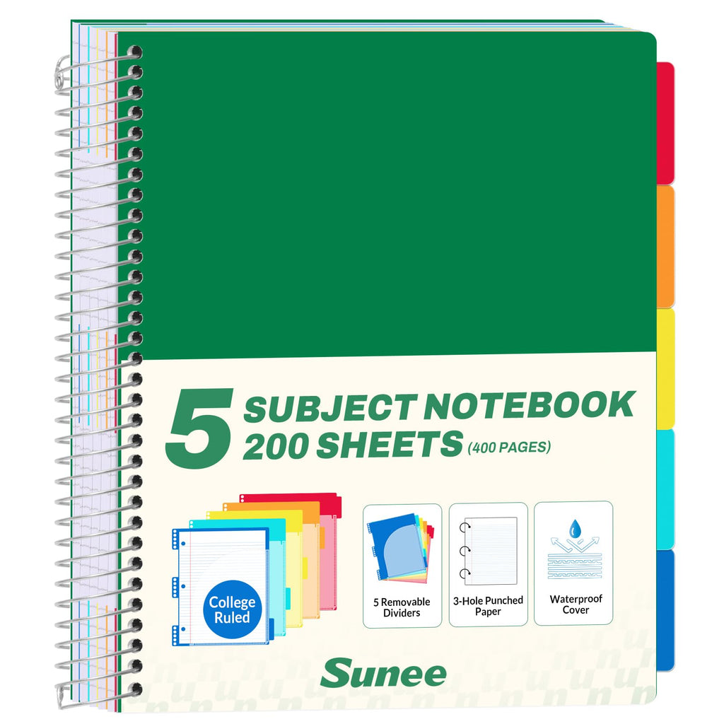 SUNEE 5 Subject Notebook College Ruled - 400 Pages, 9"x11", 5 Pocket Colored Dividers, 3-Hole Punched Paper, Pink
