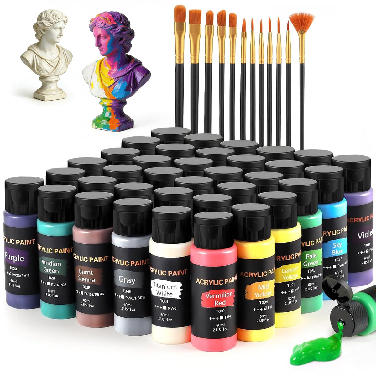 TMOL Acrylic Paint Set, 24 Colors (2 oz/Bottle) with 12 Art Brushes, Art Supplies for Painting Canvas, Wood, Ceramic & Fabric, Rich Pigments Lasting Quality for Beginners, Professional