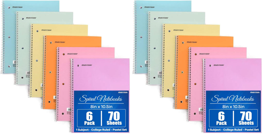 Mintra Office Spiral Notebooks, Wirebound, Journals for School, Work, Business, Aesthetic Stationery, Writing Pads, Teacher & Student Supplies (6, Pastel, College)