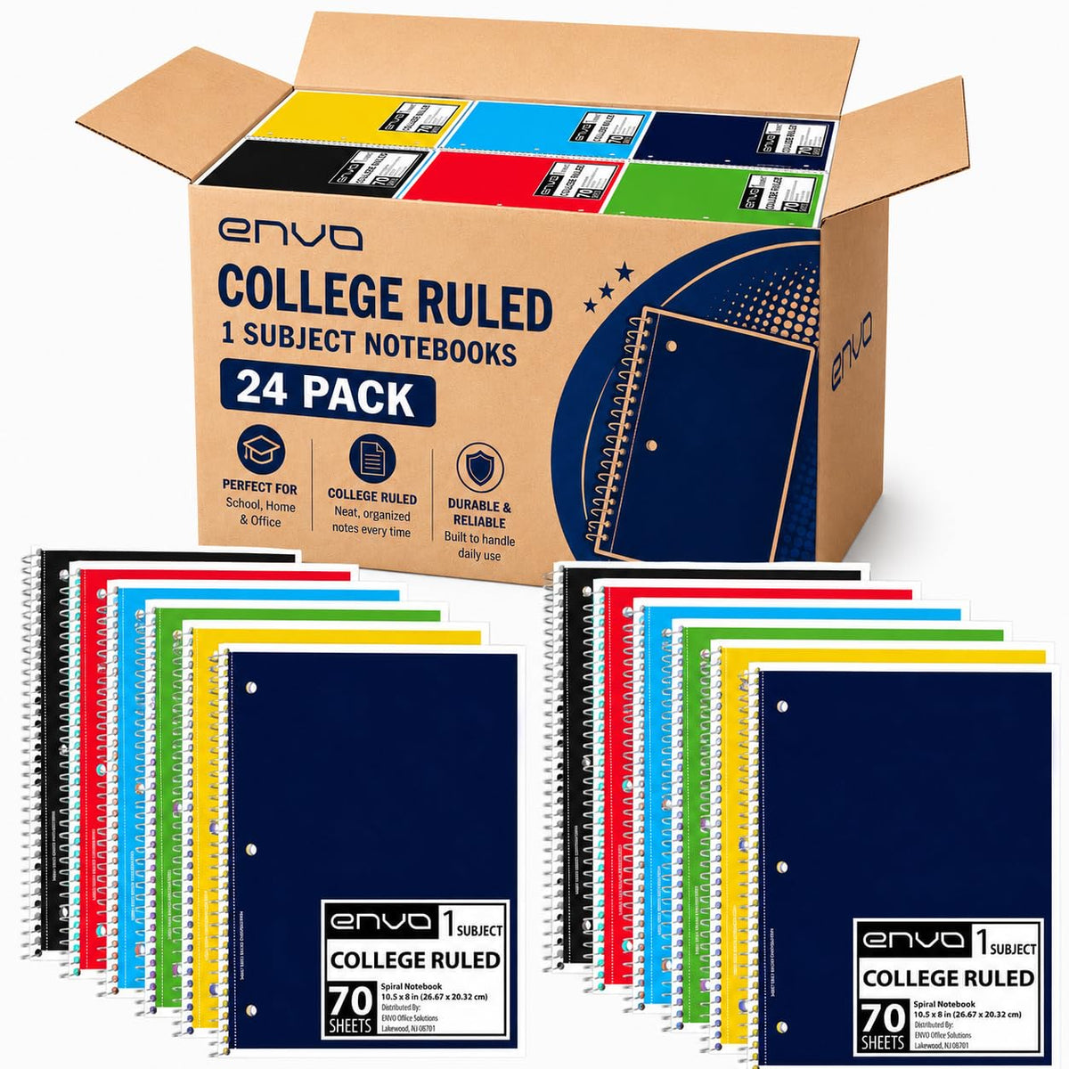ENVO Spiral Notebook, 1 Subject, Spiral Notebook College Ruled, 8 x 10.5, Notebooks Bulk, School Supplies, Office Supplies, 70 Sheets, (48, College Ruled)