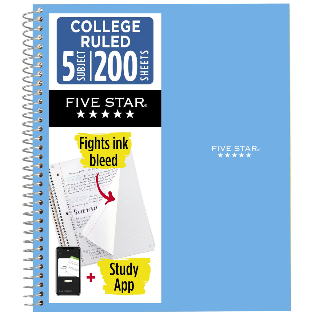 Five Star Spiral Notebook + Study App, 6 Pack, 5 Subject, College Ruled Paper, Fights Ink Bleed, Water Resistant Cover, 8-1/2" x 11", 200 Sheets, Assorted Colors (73793)