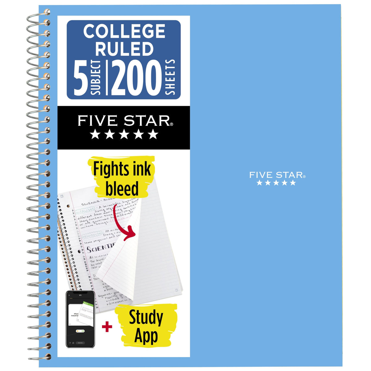 Five Star Spiral Notebook + Study App, 6 Pack, 5 Subject, College Ruled Paper, Fights Ink Bleed, Water Resistant Cover, 8-1/2" x 11", 200 Sheets, Assorted Colors (73793)