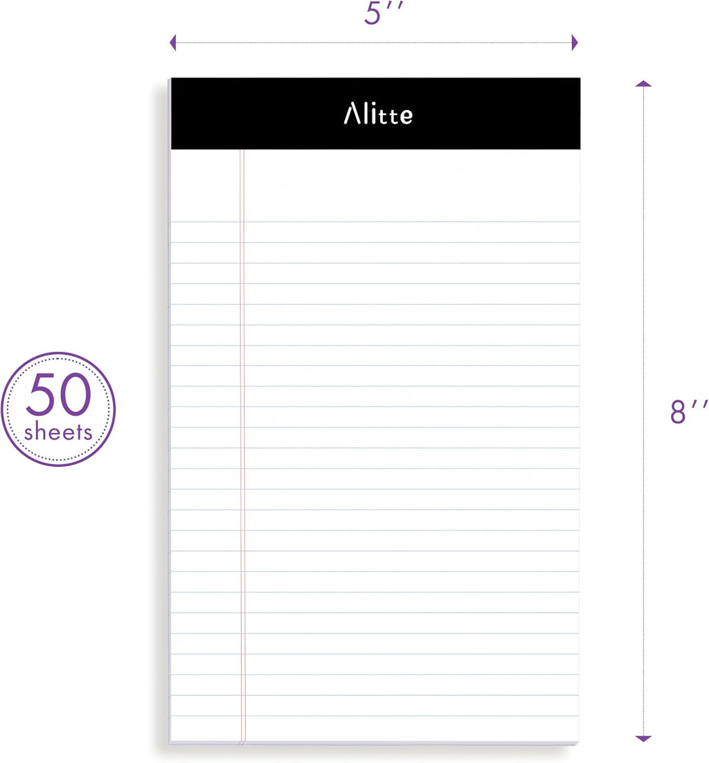 Alitte Legal Notepads 5x8, Pack of 12 - Perforated Narrow Ruled Writing Pad - Premium Thick Paper, No Ink Bleeding - Blank Legal Pads For Home, Office, School, Business - 50 Sheets Per Notebook