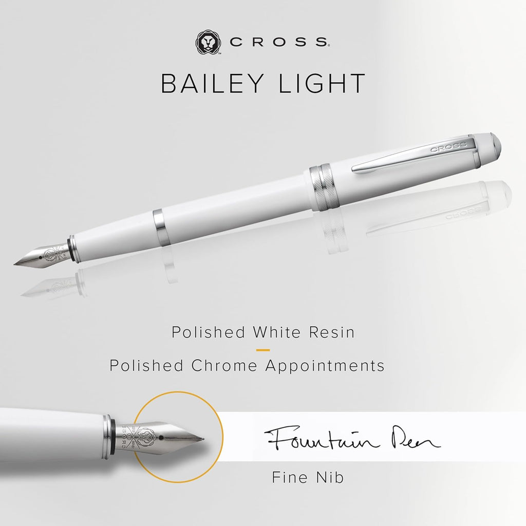 Cross Bailey Light Polished White Resin Fountain Pen, Fine Nib