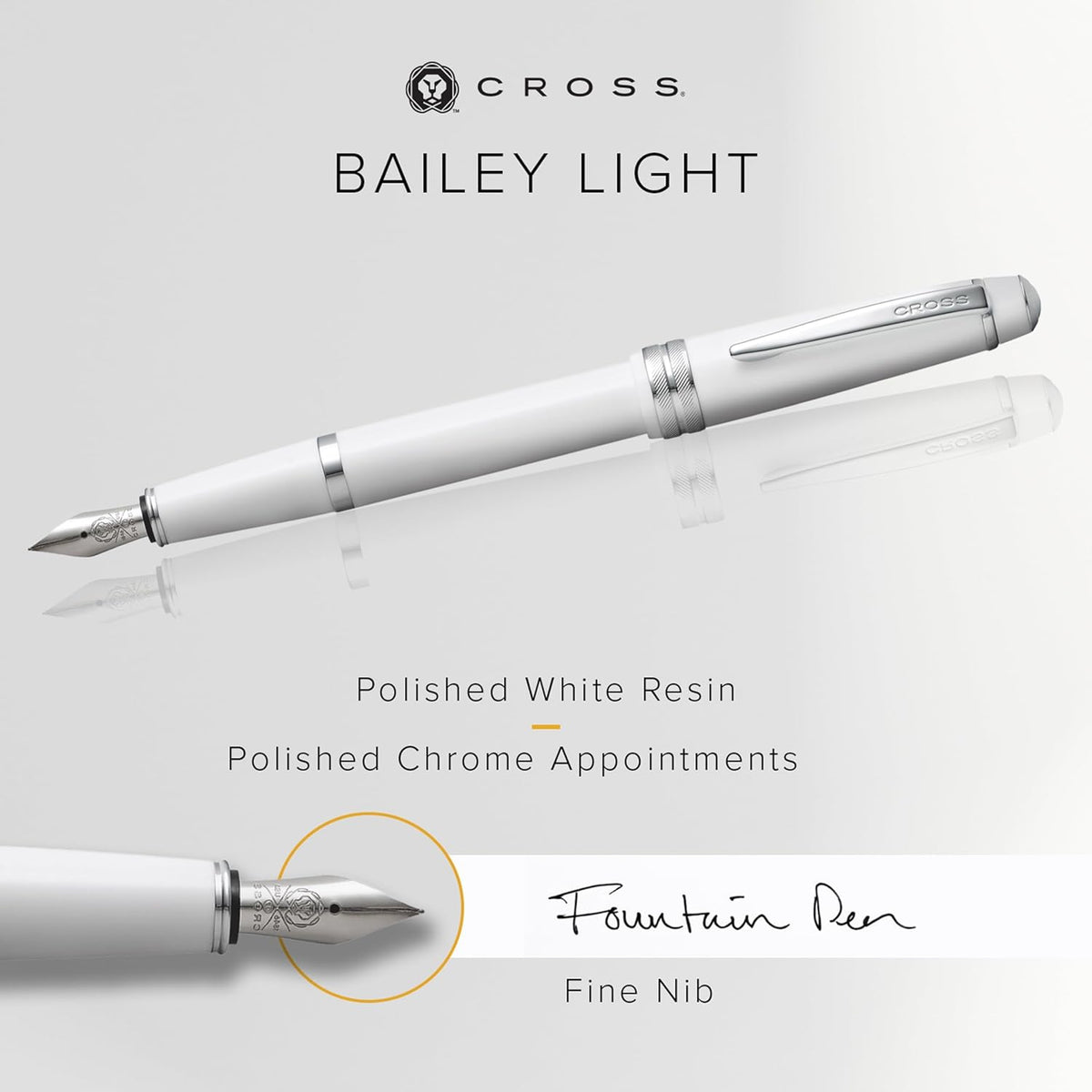 Cross Bailey Light Polished White Resin Fountain Pen, Fine Nib