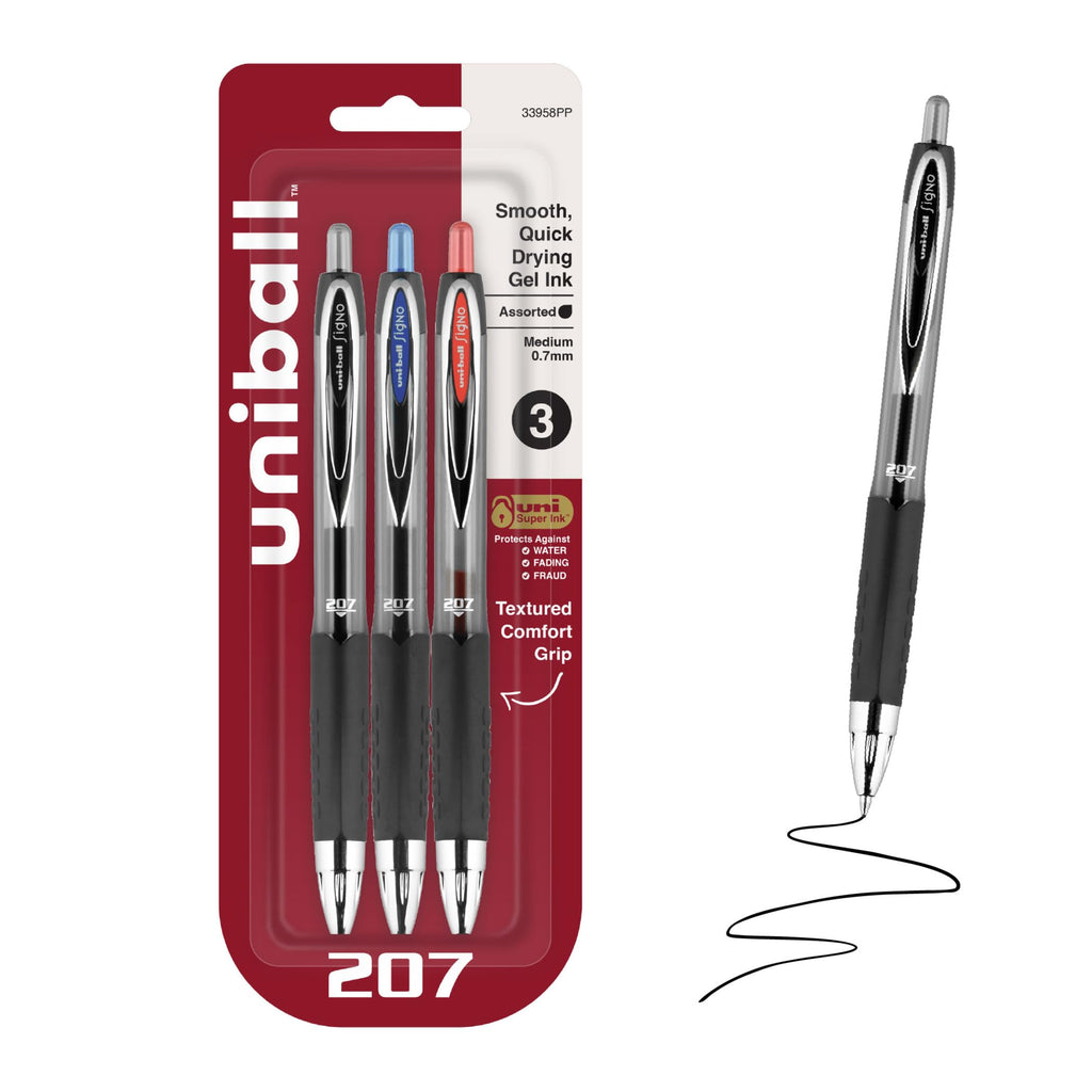 uniball™ 207 Gel Pens, Black Ink, 0.7mm Medium Point, Retractable, 12 Count