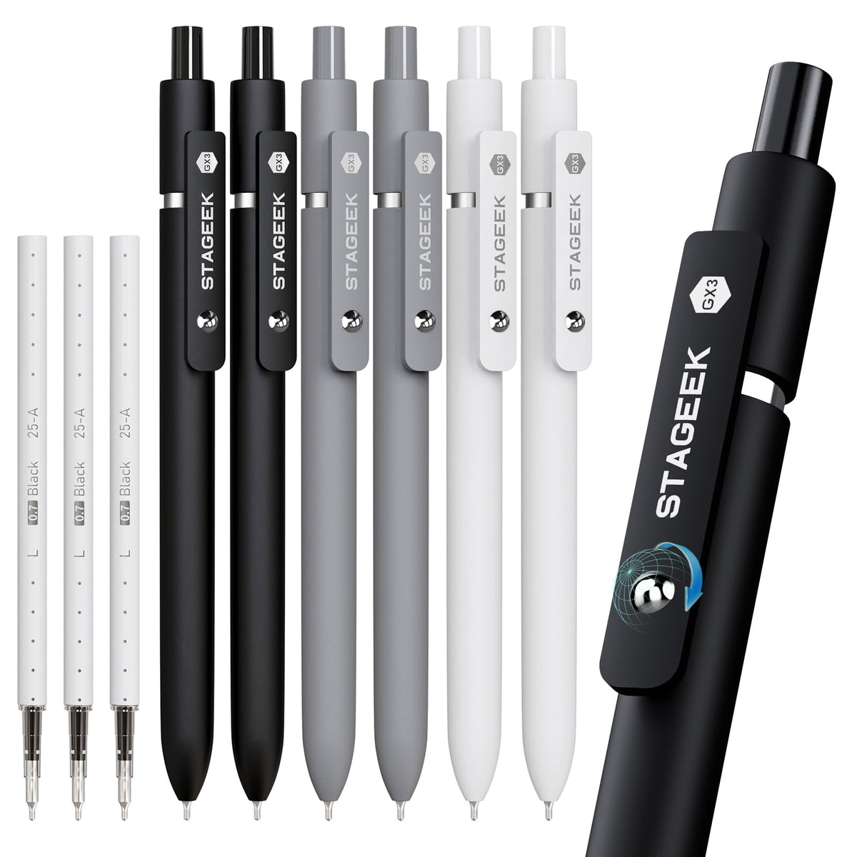 STAGEEK GX3 Black Gel Pens,6Pcs Quick Dry Smooth Writing Pen with 3 Refills