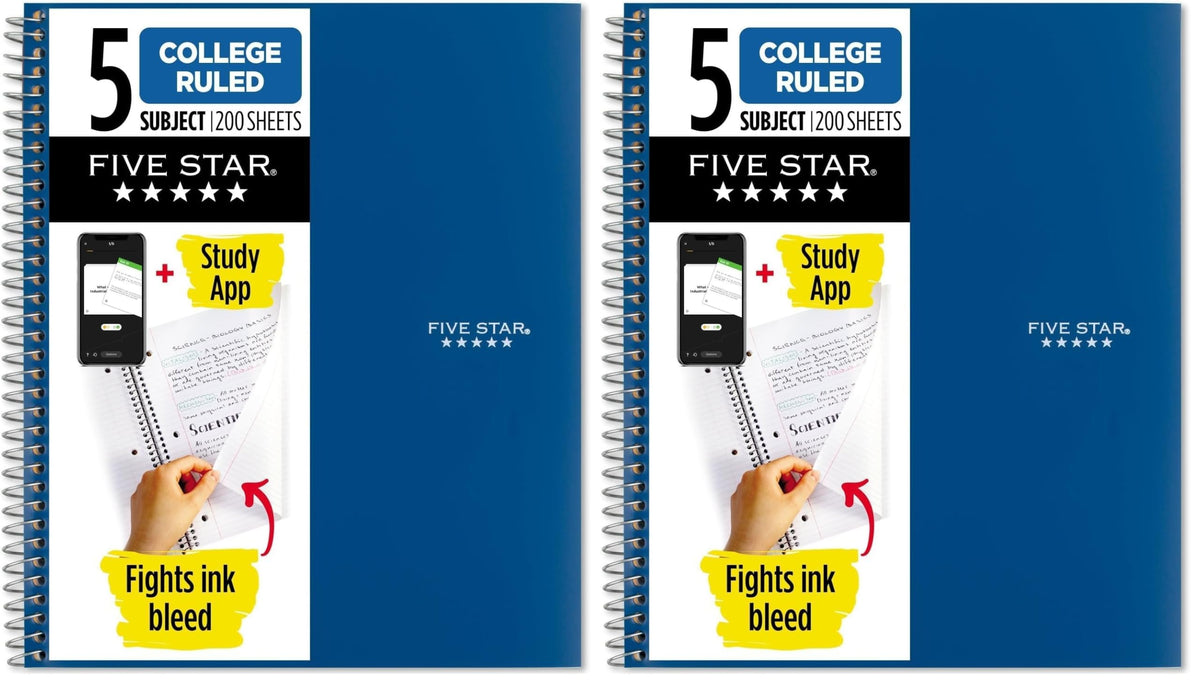 Five Star Spiral Notebook + Study App, 6 Pack, 5 Subject, College Ruled Paper, Fights Ink Bleed, Water Resistant Cover, 8-1/2" x 11", 200 Sheets, Assorted Colors (73793)