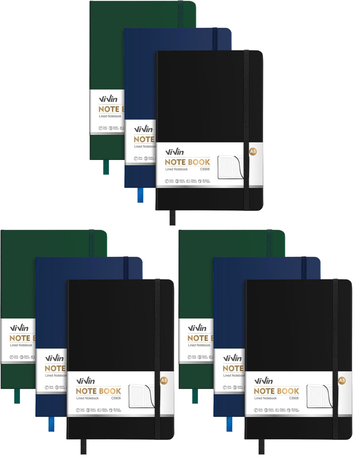 ViVin 3 Pack A5 Hardcover Lined Notebook,192 pg College Ruled 5.5x8.3