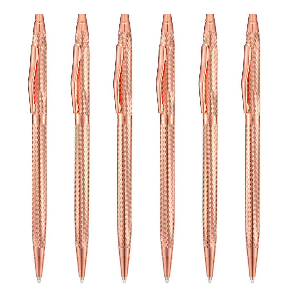 Wikult 6 Pieces Rose Gold Slim Metal Ballpoint Pen, 1mm Medium Point Black Ink Smooth Writing, for Business Office Teacher Student Wedding Guest