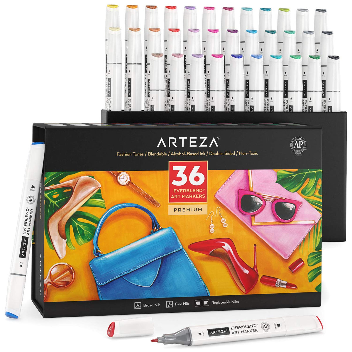 ARTEZA Alcohol Markers – Set of 36 Portrait & Skin Tone EverBlend Dual Tip Markers with Fine and Chisel Nibs and Organizer Box for Drawing