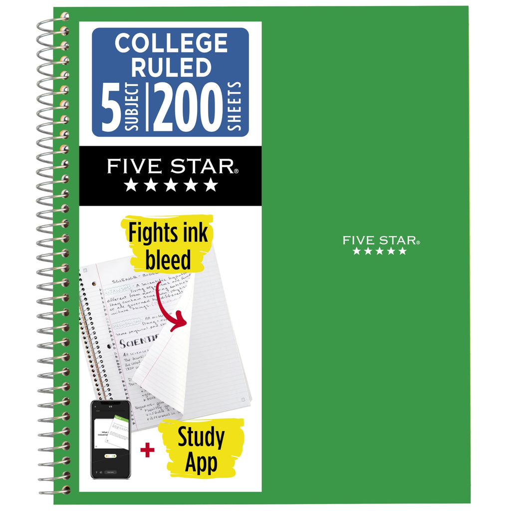 Five Star Spiral Notebook + Study App, 6 Pack, 5 Subject, College Ruled Paper, Fights Ink Bleed, Water Resistant Cover, 8-1/2" x 11", 200 Sheets, Assorted Colors (73793)