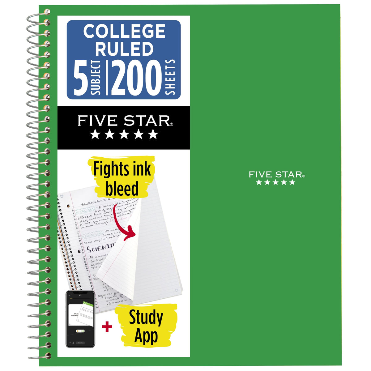 Five Star Spiral Notebook + Study App, 6 Pack, 5 Subject, College Ruled Paper, Fights Ink Bleed, Water Resistant Cover, 8-1/2" x 11", 200 Sheets, Assorted Colors (73793)