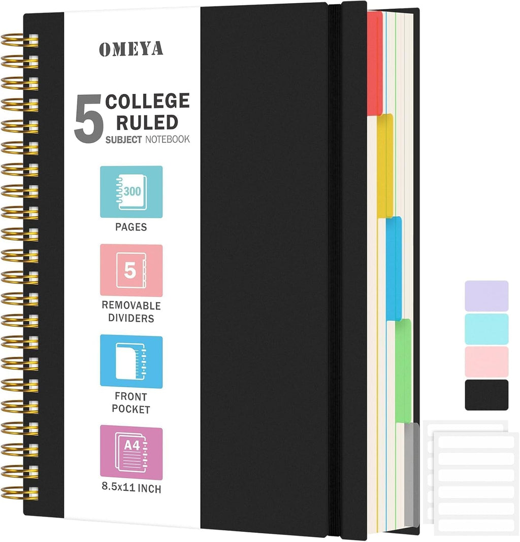 Spiral Notebook 8.5" x 11", 5 Subject Notebooks College Ruled with Dividers