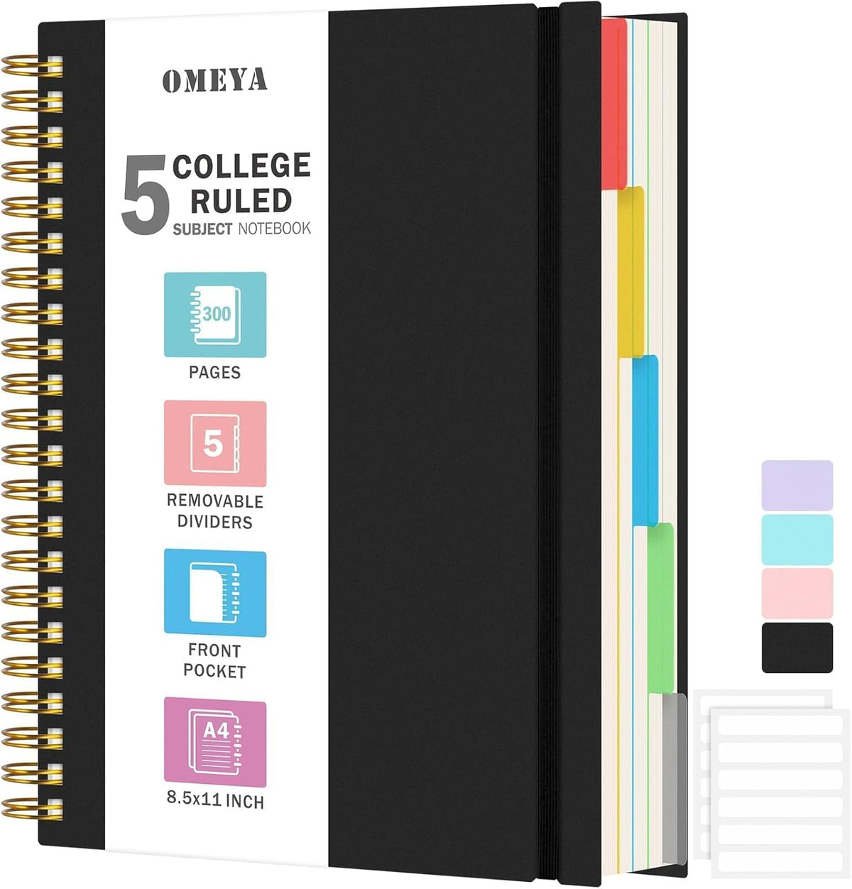 Spiral Notebook 8.5" x 11", 5 Subject Notebooks College Ruled with Dividers