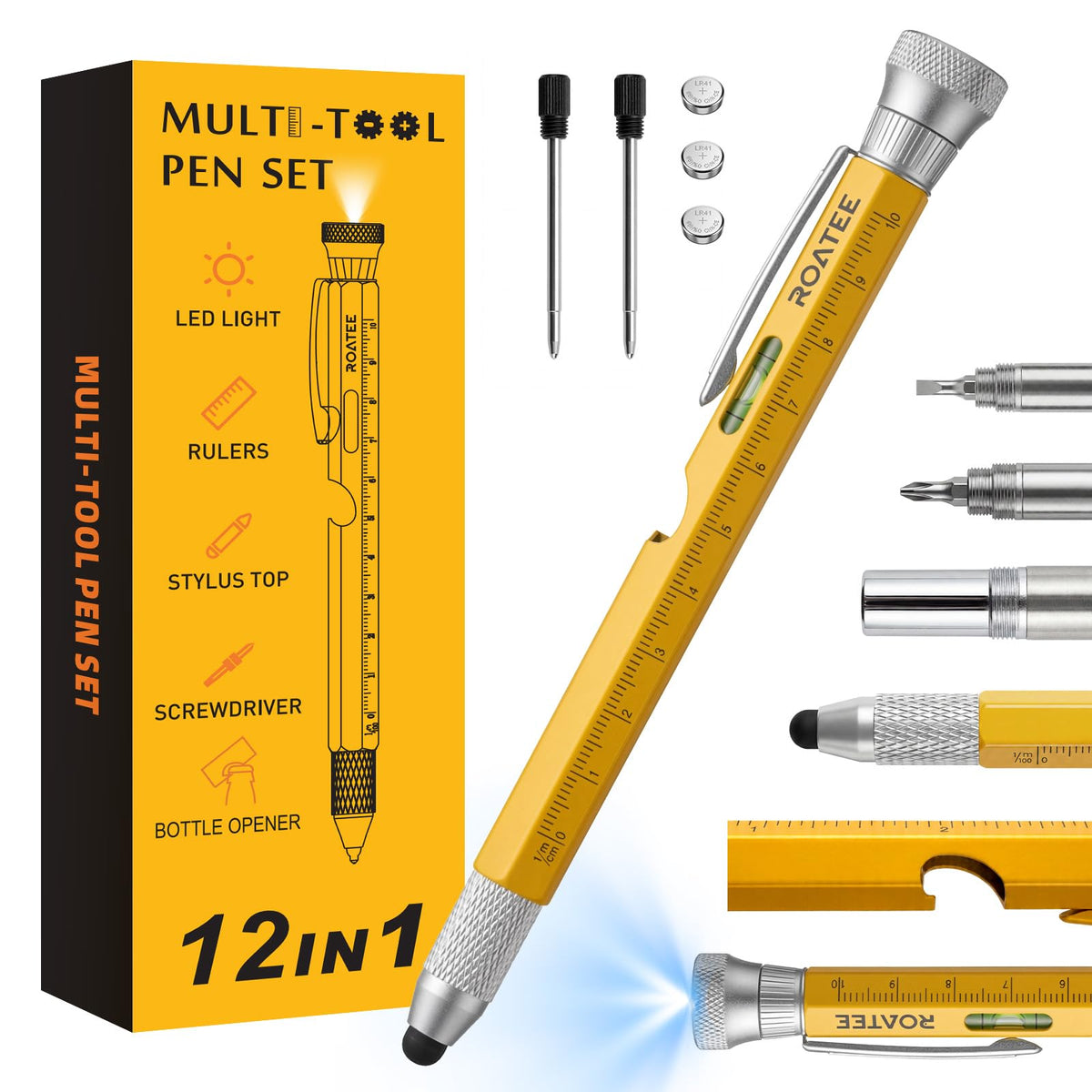 ROATEE Fathers Day Men Multi Tool Pen 12 in 1 Cool Stuff Gadgets Gift for Husband Dad Birthday Personalized Gifts Fidget Construction Pen with Small Screwdriver, Level, Ruler,Led Light, Black