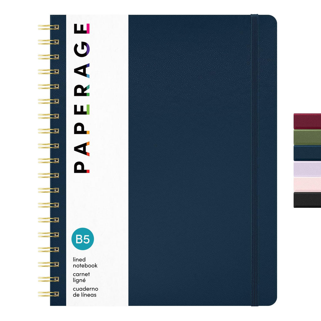 PAPERAGE Lined Spiral Journal Notebook, (Navy, Olive Green, Kraft), 3 Pack, 160 Pages, Medium 5.5 inches x 8 inches - 100 GSM Thick Paper, Hardcover, Double-Wire Spiral Journal & Notebook