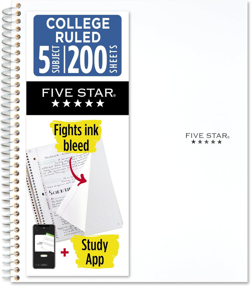 Five Star Spiral Notebook + Study App, 6 Pack, 5 Subject, College Ruled Paper, Fights Ink Bleed, Water Resistant Cover, 8-1/2" x 11", 200 Sheets, Assorted Colors (73793)