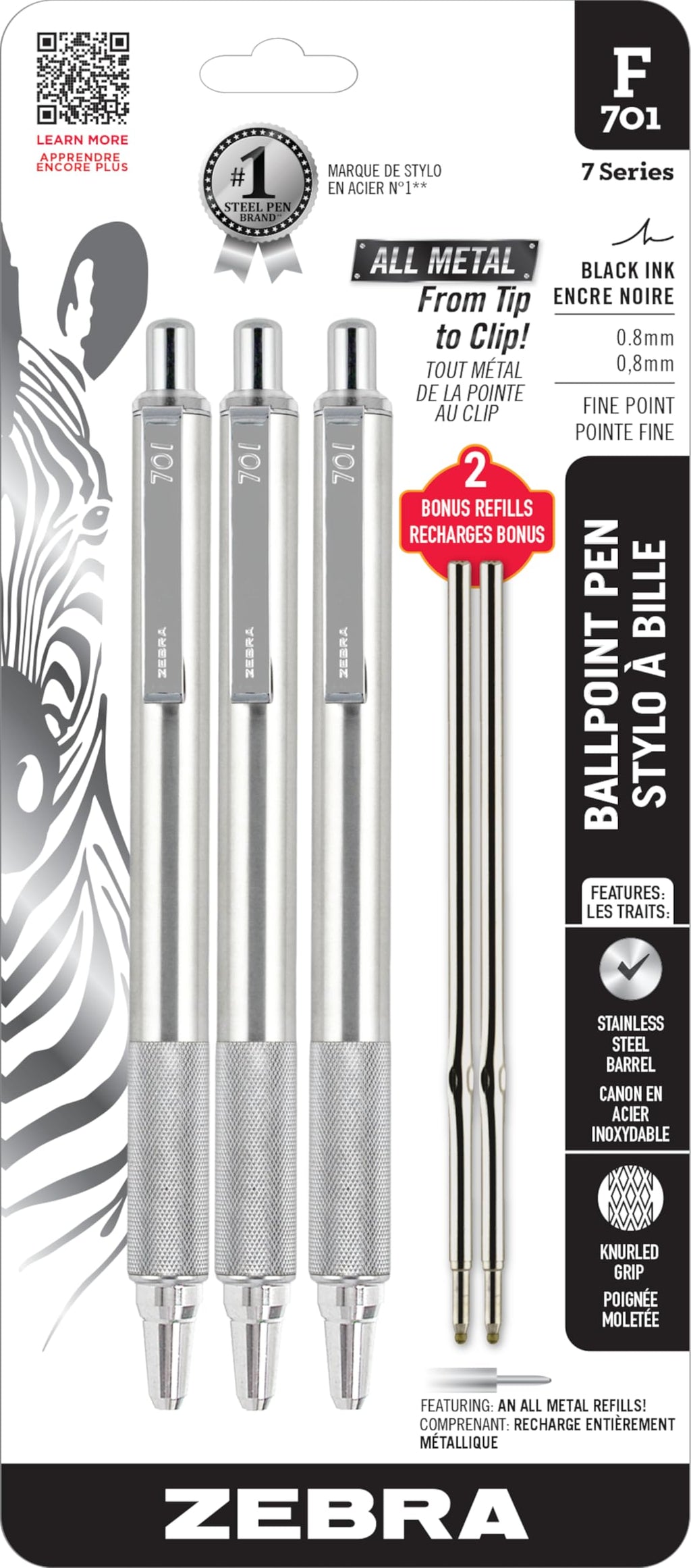 Zebra Pen STEEL F-701 Retractable Ballpoint Pen, Black Ink, 0.8mm, 1-Pack