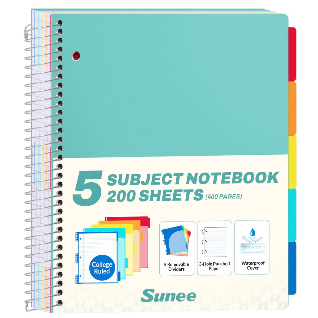 SUNEE 5 Subject Notebook College Ruled - 400 Pages, 9"x11", 5 Pocket Colored Dividers, 3-Hole Punched Paper, Pink