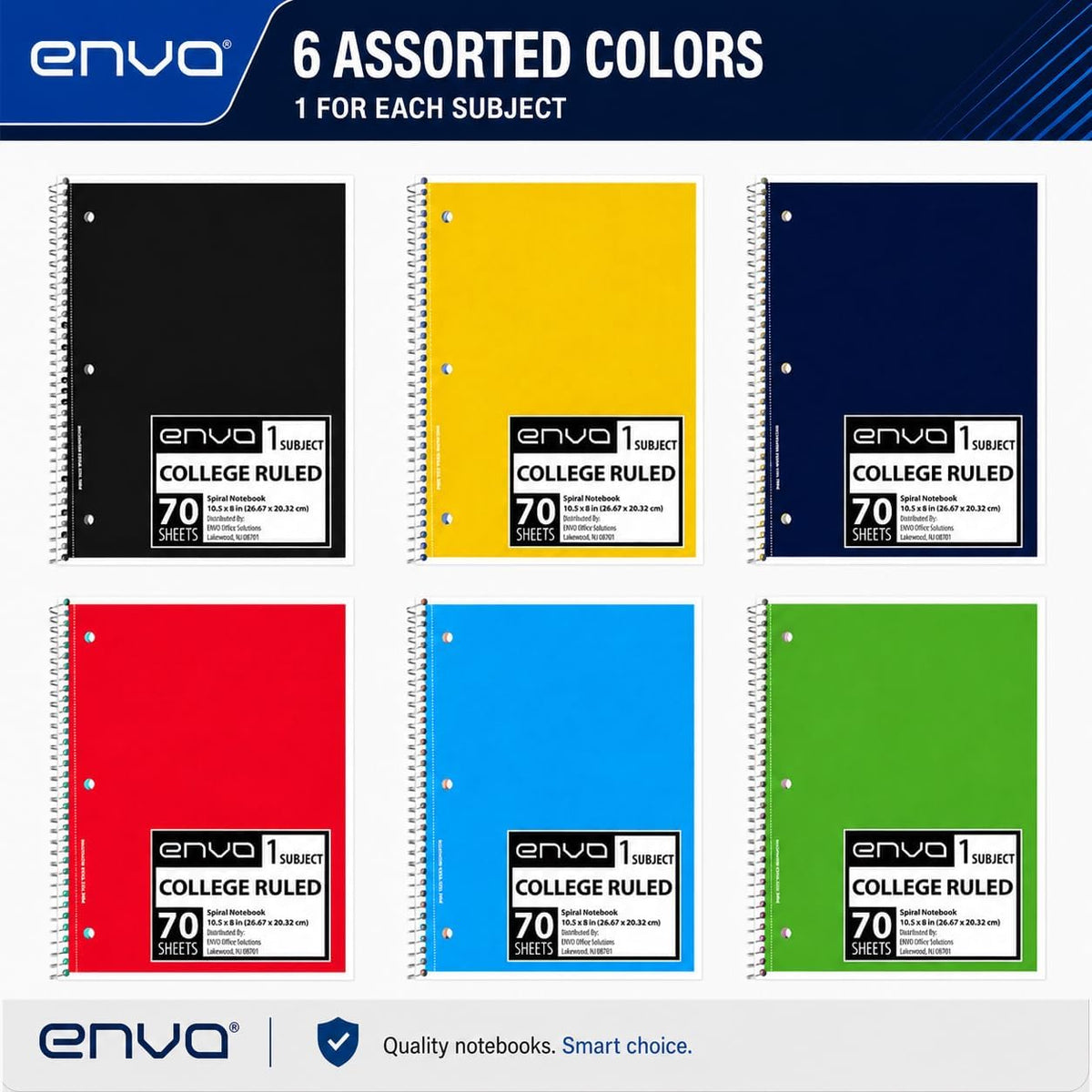ENVO Spiral Notebook, 1 Subject, Spiral Notebook College Ruled, 8 x 10.5, Notebooks Bulk, School Supplies, Office Supplies, 70 Sheets, (48, College Ruled)