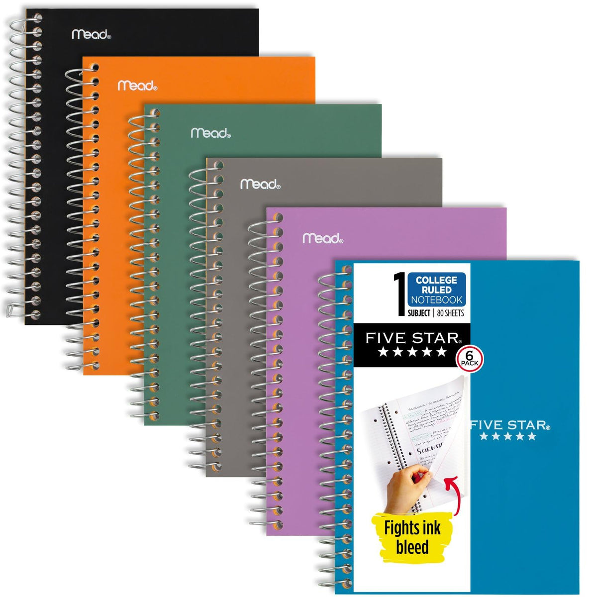 Five Star Spiral Notebooks, 12 Pack, 1 Subject, College Ruled Paper, 7" x 4 -/8", Personal Size, 80 Sheets, Purple, Orange, Green, Blue, Gray, Black (450048B-ECM)
