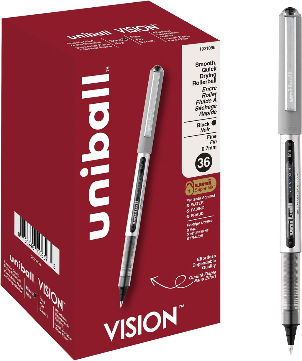 uni-ball Vision Stick Roller Ball Pens, Fine Point, Black Ink, Pack of 4