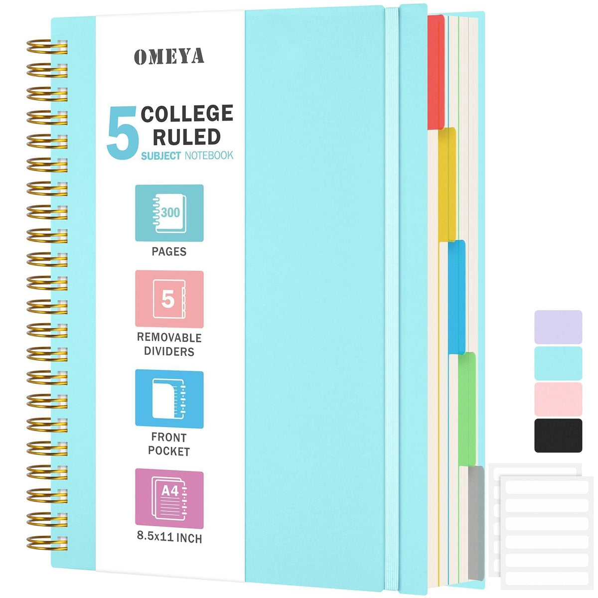 Spiral Notebook 8.5" x 11", 5 Subject Notebooks College Ruled with Dividers