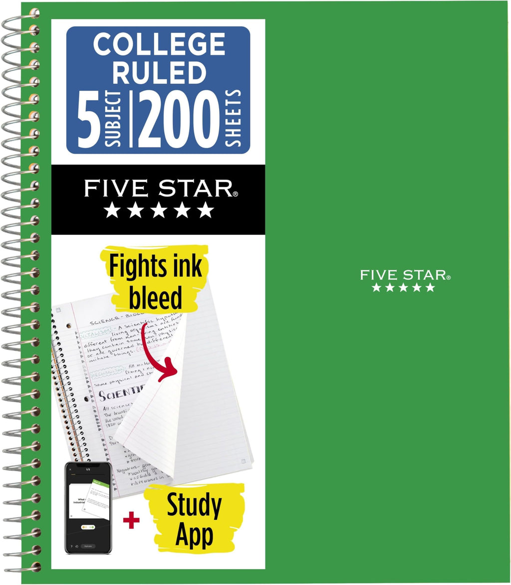 Five Star Spiral Notebook + Study App, 6 Pack, 5 Subject, College Ruled Paper, Fights Ink Bleed, Water Resistant Cover, 8-1/2" x 11", 200 Sheets, Assorted Colors (73793)