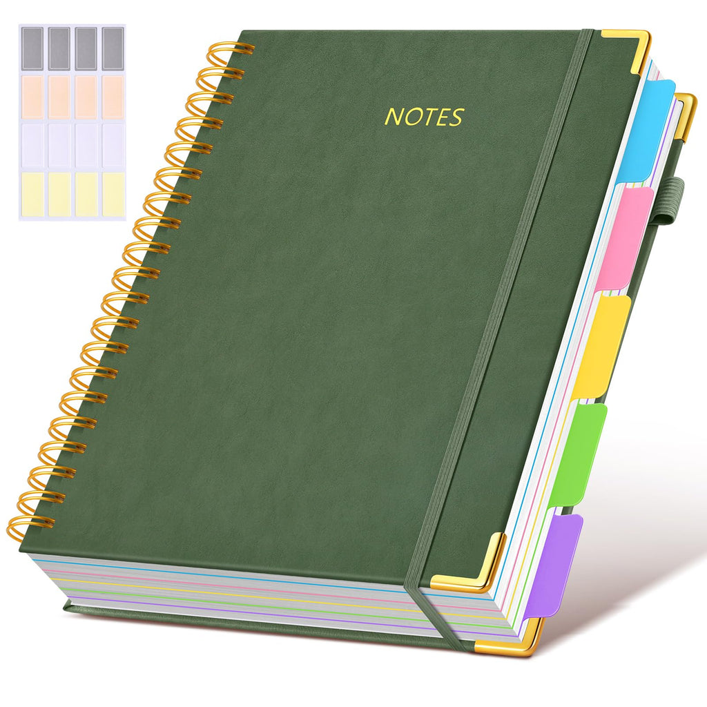 Hardcover Spiral Notebook journal with Removable Dividers Tabs, 300 Pages Leather 5 Subject Notebook College Ruled, 8"x10" Large B5 Notebooks for Work School Note taking, Lined Journal for Women,Black