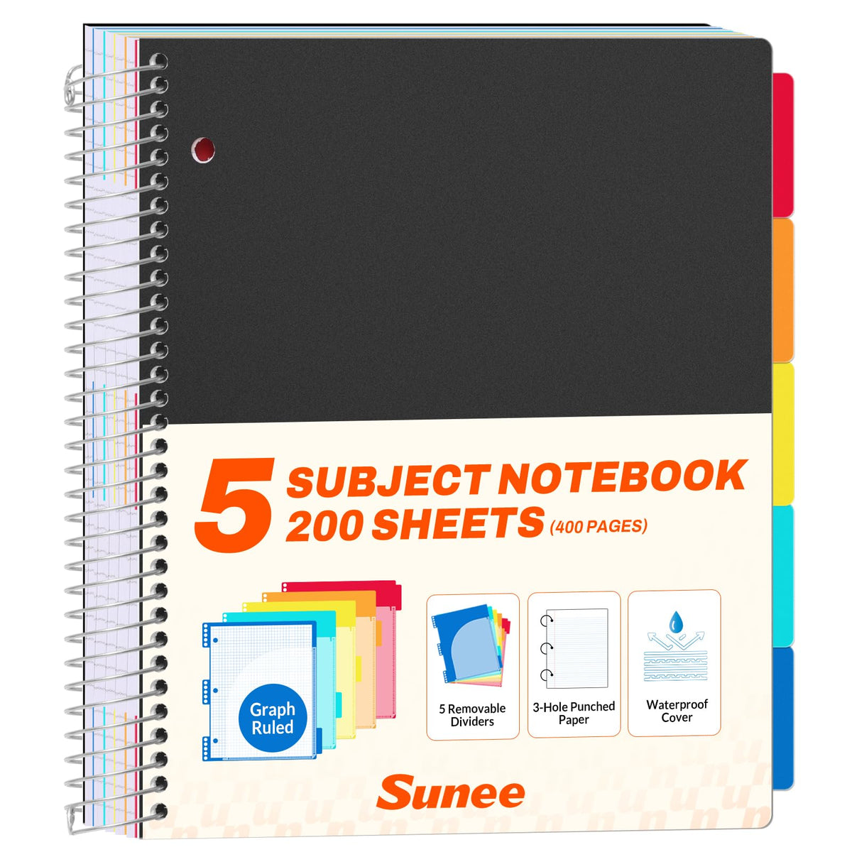 SUNEE 5 Subject Notebook College Ruled - 400 Pages, 9"x11", 5 Pocket Colored Dividers, 3-Hole Punched Paper, Pink