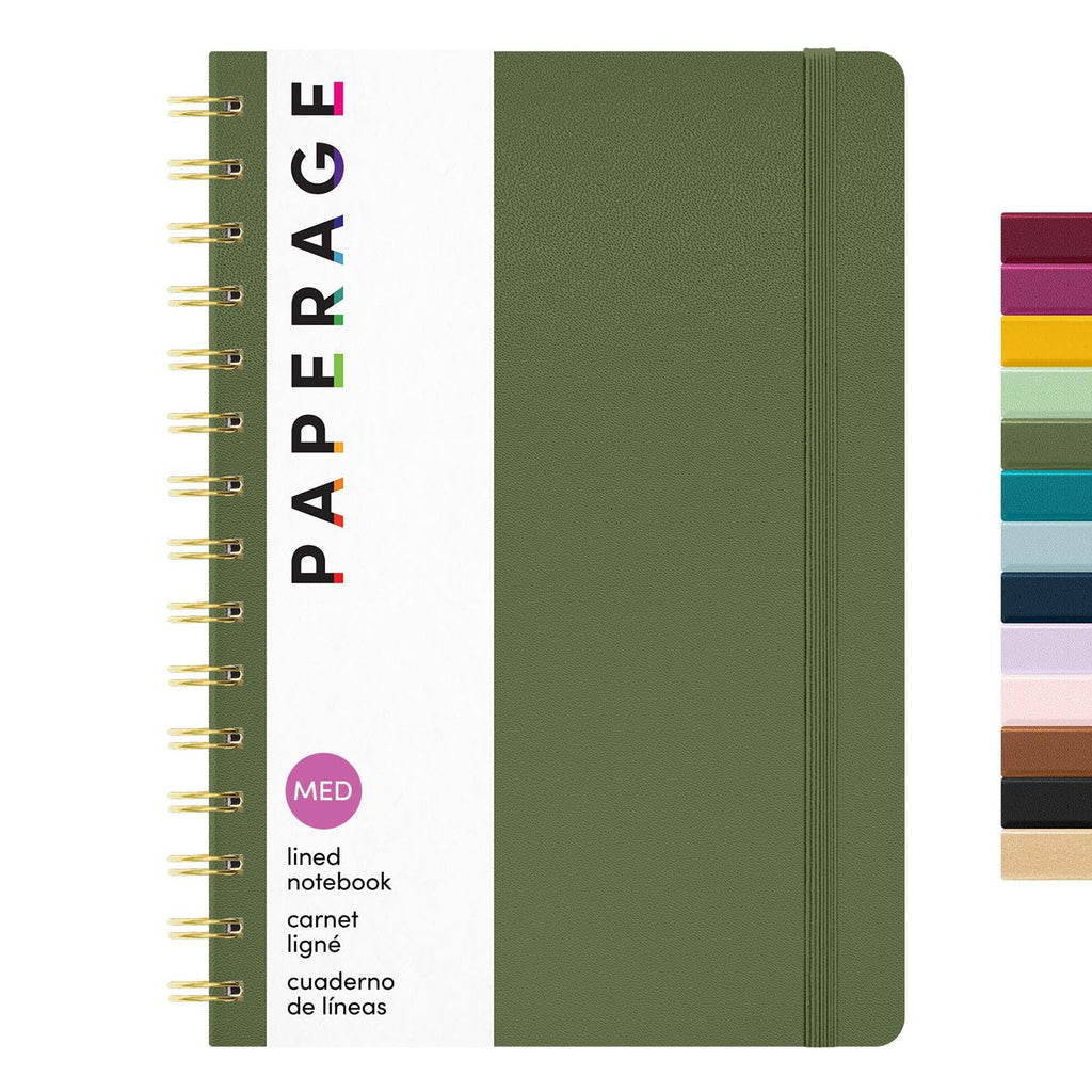 PAPERAGE Lined Spiral Journal Notebook, (Navy, Olive Green, Kraft), 3 Pack, 160 Pages, Medium 5.5 inches x 8 inches - 100 GSM Thick Paper, Hardcover, Double-Wire Spiral Journal & Notebook