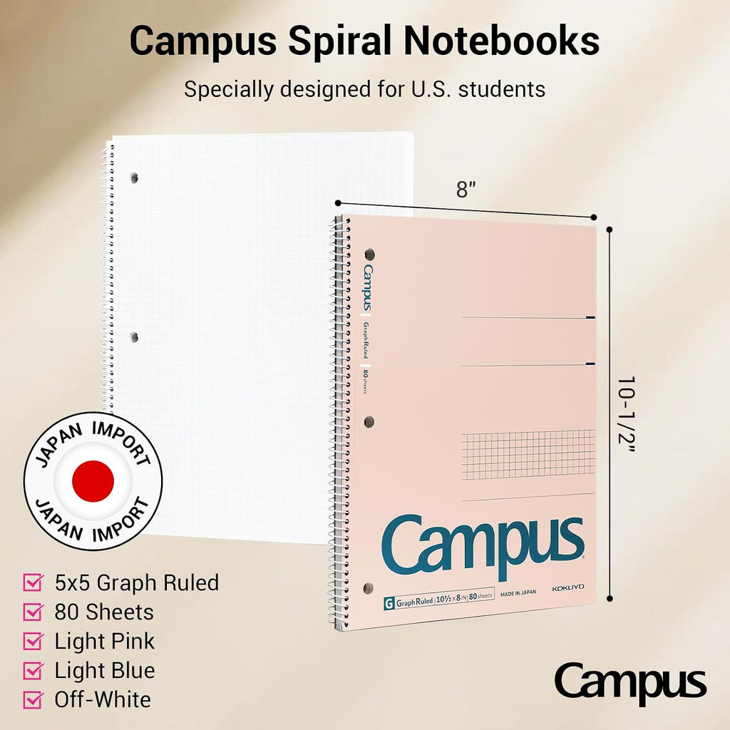 KOKUYO Spiral Notebook with 5x5 Graph Paper, 3 Pack Campus 10-1/2" x 8" Subject Notebooks, 80 Sheets, Light Pink Blue Off-White 3 Holes School Spiral Journal for Study Planner Drawing (WSG-SU-400G4×3)