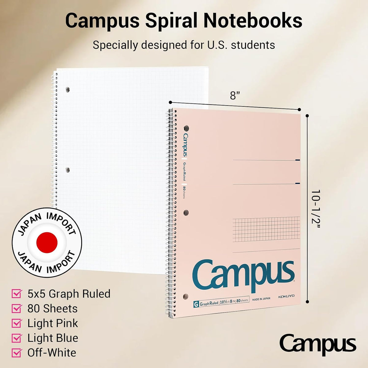 KOKUYO Spiral Notebook with 5x5 Graph Paper, 3 Pack Campus 10-1/2" x 8" Subject Notebooks, 80 Sheets, Light Pink Blue Off-White 3 Holes School Spiral Journal for Study Planner Drawing (WSG-SU-400G4×3)