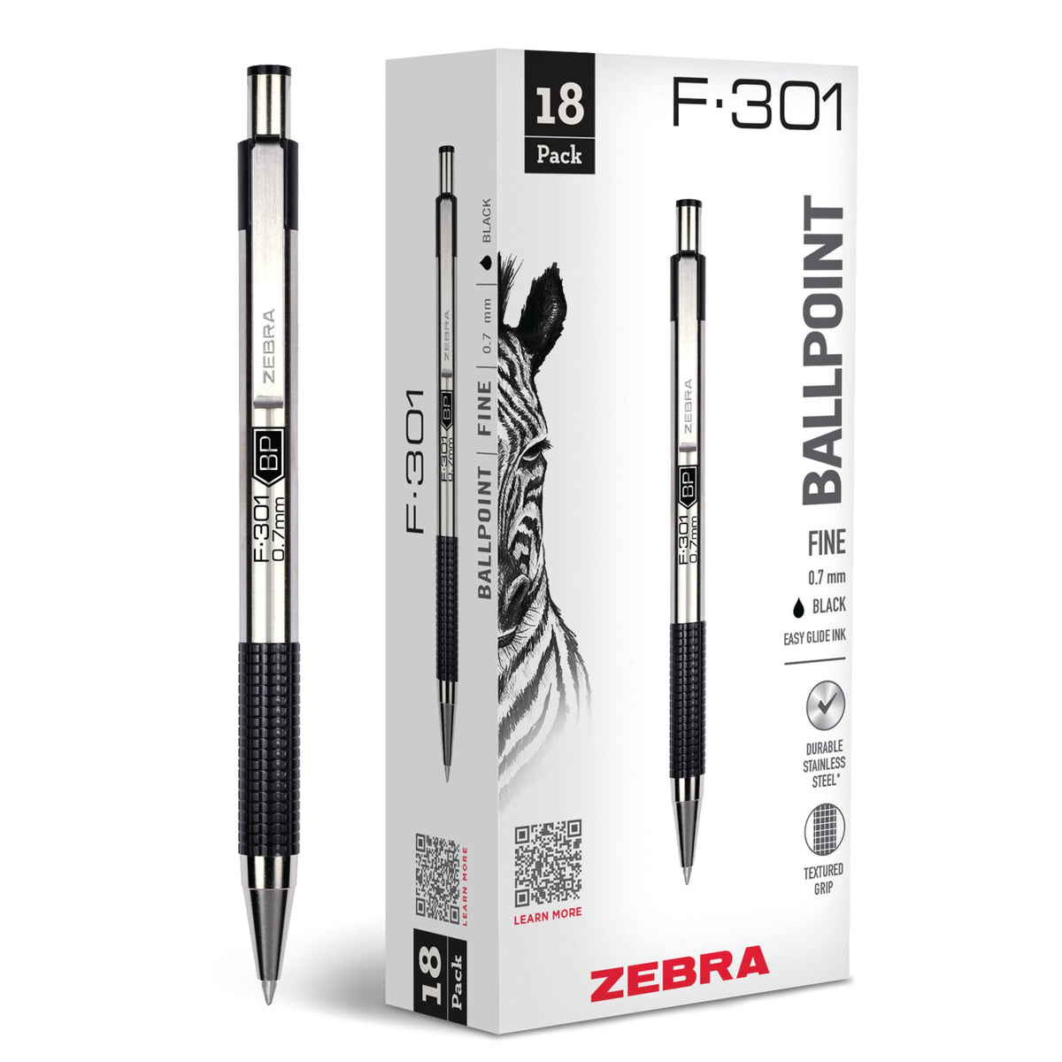Zebra Pen STEEL F-301 Retractable Ballpoint Pen, Black Ink, 0.7mm, 12-Pack